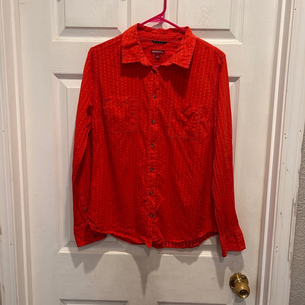 Merona Orange Textured Dot Print Button Down Shirt Women's Large Career Office